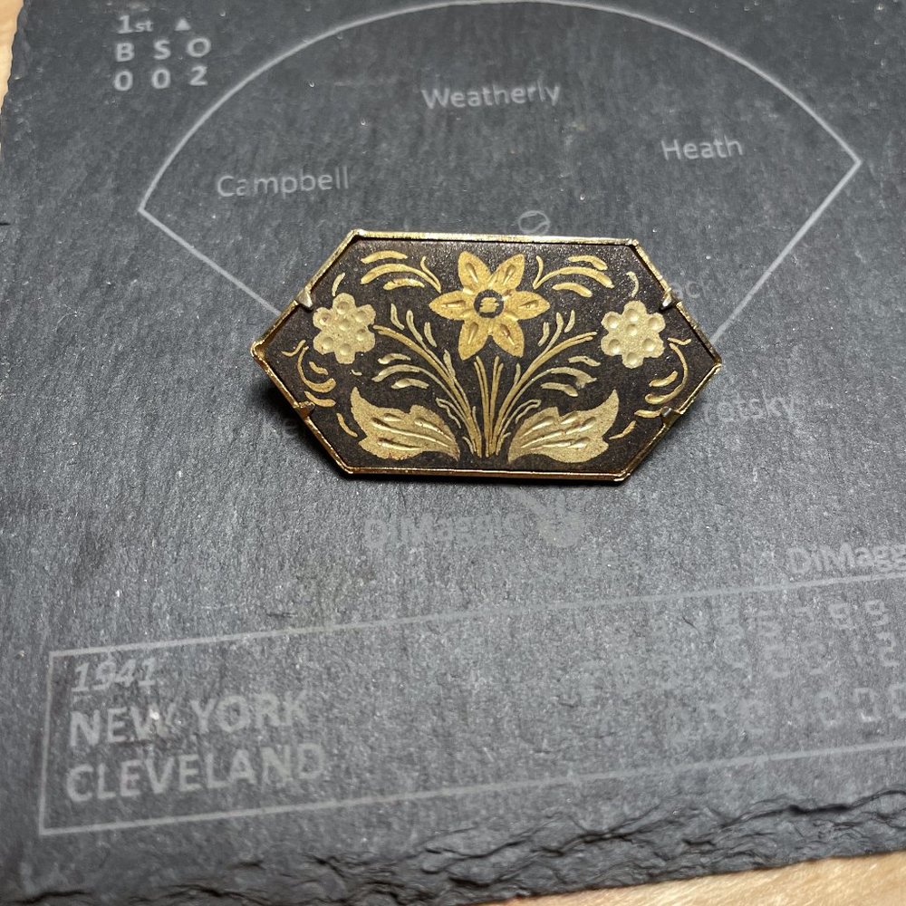 Vintage Damascene Floral Brooch Pin 1 3/8”
